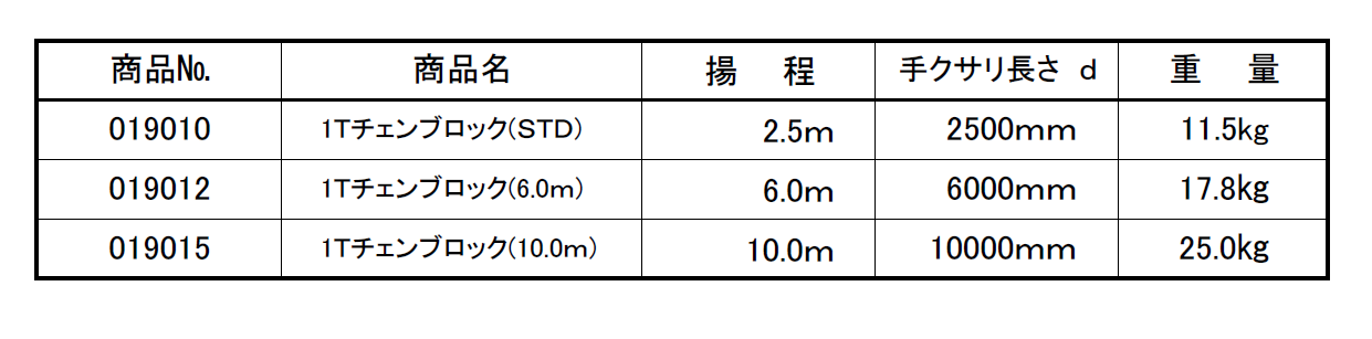 (019010) 1.0Tチェンブロック(2.5m･6m･10m）